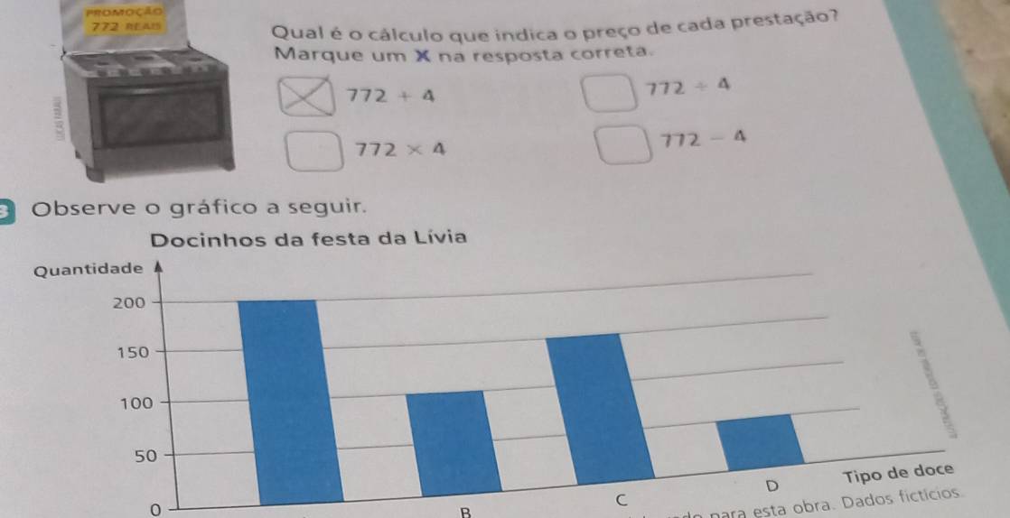 omoção
Qual é o cálculo que indica o preço de cada prestação?
Marque um X na resposta correta.
772+4
772/ 4
772* 4
772-4
Observe o gráfico a seguir.
0
B 
nara esta obra. Dados fictícios.