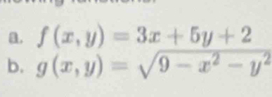 f(x,y)=3x+5y+2
b. g(x,y)=sqrt(9-x^2-y^2)