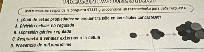 PREGORTAS
Instrucciones: responda la pregunta STAAR y proporcione un razonamiento para cada respuesta
1. ¿Cual de estas propiedades se encuentra sólo en las células cancerosas?
A. División celular no regulada
B. Expresión génica regulada
C. Respuesta a señales externas a la célula
D. Presencia de mitocondrias