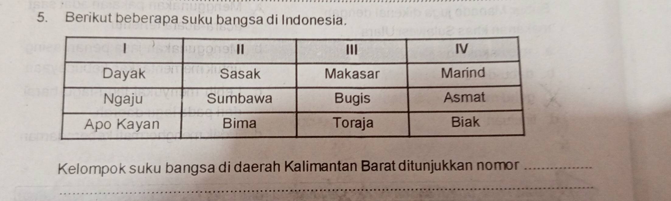 Berikut beberapa suku bangsa di Indonesia. 
Kelompok suku bangsa di daerah Kalimantan Barat ditunjukkan nomor_ 
_