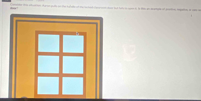 Consider this situation: Aaron pulls on the handle of the locked classroom door but fails to open it. Is this an example of positive, negative, or zeo w 
door?