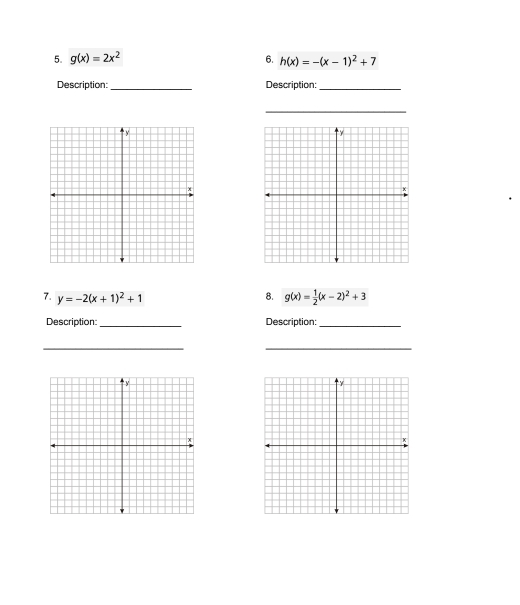 g(x)=2x^2 6. h(x)=-(x-1)^2+7
Description:_ Description:_ 
_ 
y 
7. y=-2(x+1)^2+1 8. g(x)= 1/2 (x-2)^2+3
Description _Description_ 
_ 
_