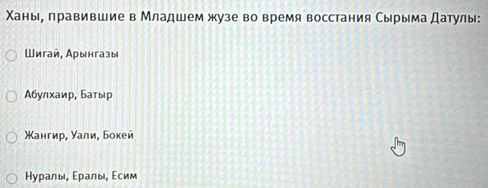 Χаны, лравившие в Младшем жузе во время восстания Сырыма Датулы:
Шигай, Арынгазы
Абулхаир, Батыр
Κангир, Уали, Бокей
Нуралы, Εралы, Εсим