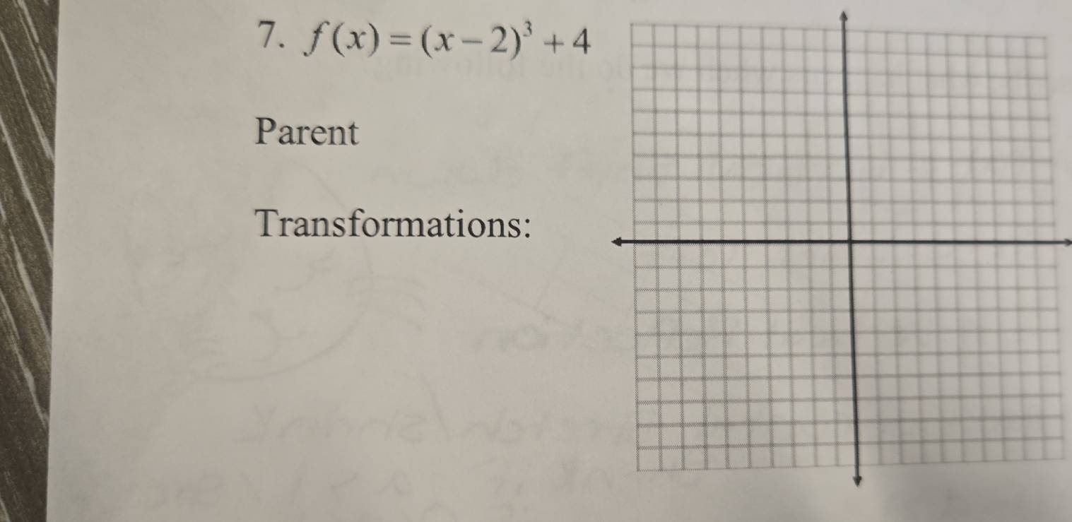 f(x)=(x-2)^3+4
Parent 
Transformations: