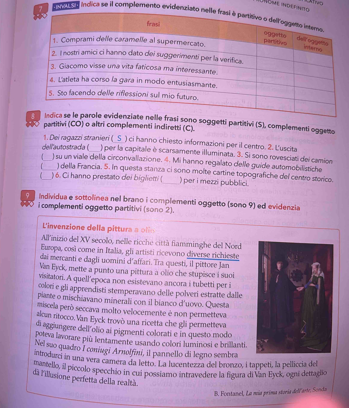 ICATIVO
UñOmE indefi
NNAISE Indica se il complemento eviden
i sono soggetti partitivi (S), complementi oggetto
partitivi (CO) o altri complementi indiretti (C).
1. Dei ragazzi stranieri (_S_) ci hanno chiesto informazioni per il centro. 2. L'uscita
dell'autostrada ( ) per la capitale è scarsamente illuminata. 3. Si sono rovesciati dei camion
 ) su un viale della circonvallazione. 4. Mi hanno regalato delle guide automobilistiche
 ,, : ) della Francia. 5. In questa stanza ci sono molte cartine topografiche del centro storico.
(_ ) 6. Ci hanno prestato dei biglietti (_ ) per i mezzi pubblici.
9 Individua e sottolinea nel brano i complementi oggetto (sono 9) ed evidenzia
i complementi oggetto partitivi (sono 2).
L'invenzione della pittura a olie
All’inizio del XV secolo, nelle ricche città fiamminghe del Nord
Europa, così come in Italia, gli artisti ricevono diverse richieste
dai mercanti e dagli uomini d’affari. Tra questi, il pittore Jan
Van Eyck, mette a punto una pittura a olio che stupisce i suoi
visitatori. A quell’epoca non esistevano ancora i tubetti per i
colori e gli apprendisti stemperavano delle polveri estratte dalle
piante o mischiavano minerali con il bianco d’uovo. Questa
miscela però seccava molto velocemente è non permetteva
alcun ritocco.Van Eyck trovò una ricetta che gli permetteva
di aggiungere dell’olio ai pigmenti colorati e in questo modo
poteva lavorare più lentamente usando colori luminosi e brillanti.
Nel suo quadro I coniugi Arnolfini, il pannello di legno sembra
introdurci in una vera camera da letto. La lucentezza del bronzo, i tappeti, la pelliccia del
mantello, il piccolo specchio in cui possiamo intravedere la figura diVan Eyck, ogni dettaglio
dà l'illusione perfetta della realtà.
B. Fontanel, La mia prima storia dell’arte, Sonda