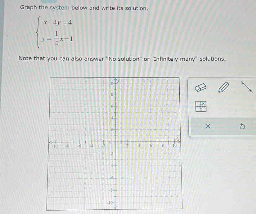 Graph the system below and write its solution.
beginarrayl x-4y=4 y= 1/4 x-1endarray.
Note that you can also answer "No solution" or "Infinitely many" solutions. 
×