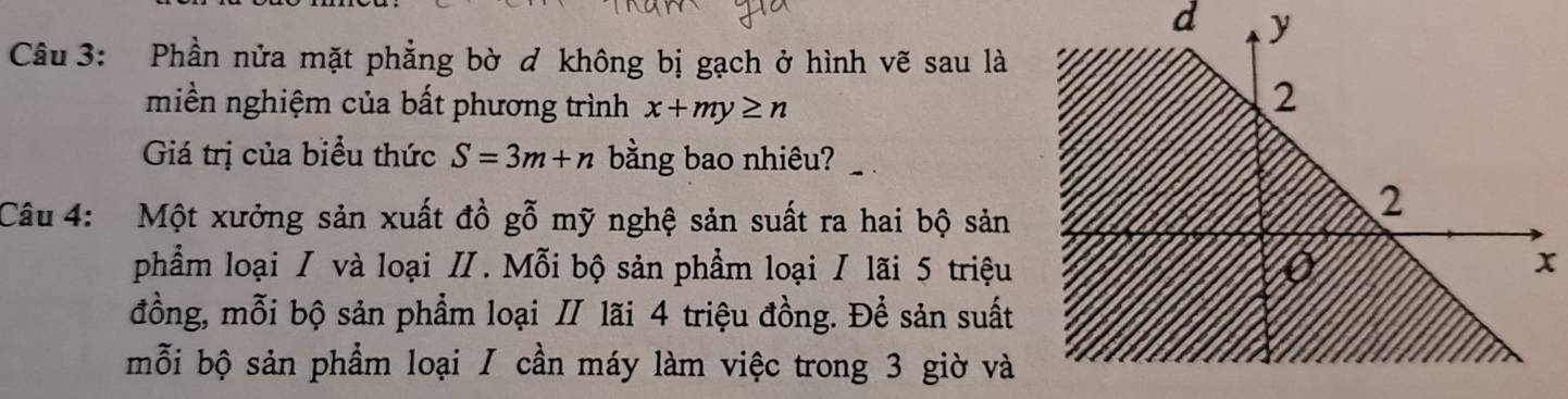 Phần nửa mặt phẳng bờ ơ không bị gạch ở hình vẽ sau là 
miền nghiệm của bất phương trình x+my≥ n
Giá trị của biểu thức S=3m+n bằng bao nhiêu? 
Câu 4: Một xưởng sản xuất đồ gỗ mỹ nghệ sản suất ra hai bộ sản 
phẩm loại / và loại Ⅱ. Mỗi bộ sản phẩm loại / lãi 5 triệux 
đồng, mỗi bộ sản phẩm loại Ⅱ lãi 4 triệu đồng. Để sản suất 
mỗi bộ sản phẩm loại / cần máy làm việc trong 3 giờ và