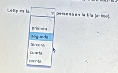 Letty es la persona en la fila (in line).
primera
segunda
tercera
cuarta
quinta