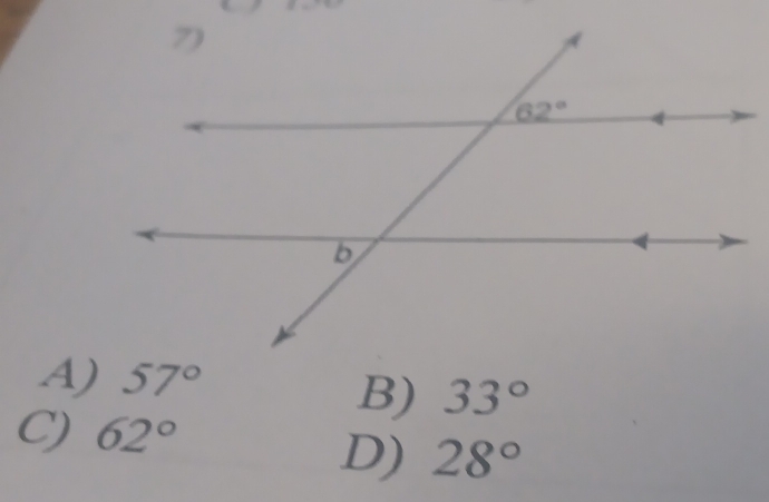 A) 57°
B) 33°
C) 62°
D) 28°