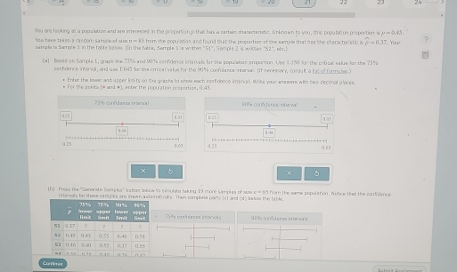 19 20 21 22 23 
You are leoking at a population and are interested in the preportion o that has a certais charecterishs, Linknown to you, this population proportion is mu =0.45
You have taken a candom Samaw sf ator n=8 : from the popuratias and found that the proportion of the swmsle that has the charactoristic is widehat beta =0.37 Your 
semple is Samp'e 1 in the table below. IIn the table, Sample S s written "S1", Sample 2 is wrides "S2", etc. S 
a) Rosed on Somple 1, graph the 75% and 90% confidence intervels for the population proportion. Use 3.150 for the critical value for the 75%
caefdence interval, and uae 1:645 fa the crical vilue for the 90% confidence interva. [If secessary, consult a list of formules 
Enter the lowar and upper lin'ts on the grasta to show each cosfidence inten al. Wrika your answens with ows decimol ploces. 
For the peints (* and #) enter the population pisportias, 0.45.
75% confidenes intersa 20% conftence nterwe . 
a15 15J 6 25 3.53
14
1-44. … 1 … 1 0.63 a 25
0.25
063
× 5
× 
(b) Press the "Generate Sansples" astios balow to simulabe taking 19 more swmples of atre w=85 from the same population. Notice that the confdence 
istervals for these samples one cnewn a atsnaticols. Then complase parts [c] and (d) below t