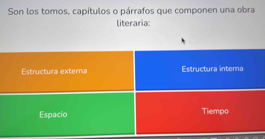 Son los tomos, capítulos o párrafos que componen una obra 
literaria: 
Estructura externa Estructura interna 
Espacio 
Tiempo