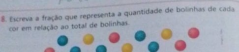 Escreva a fração que representa a quantidade de bolinhas de cada 
cor em relação ao total de bolinhas.