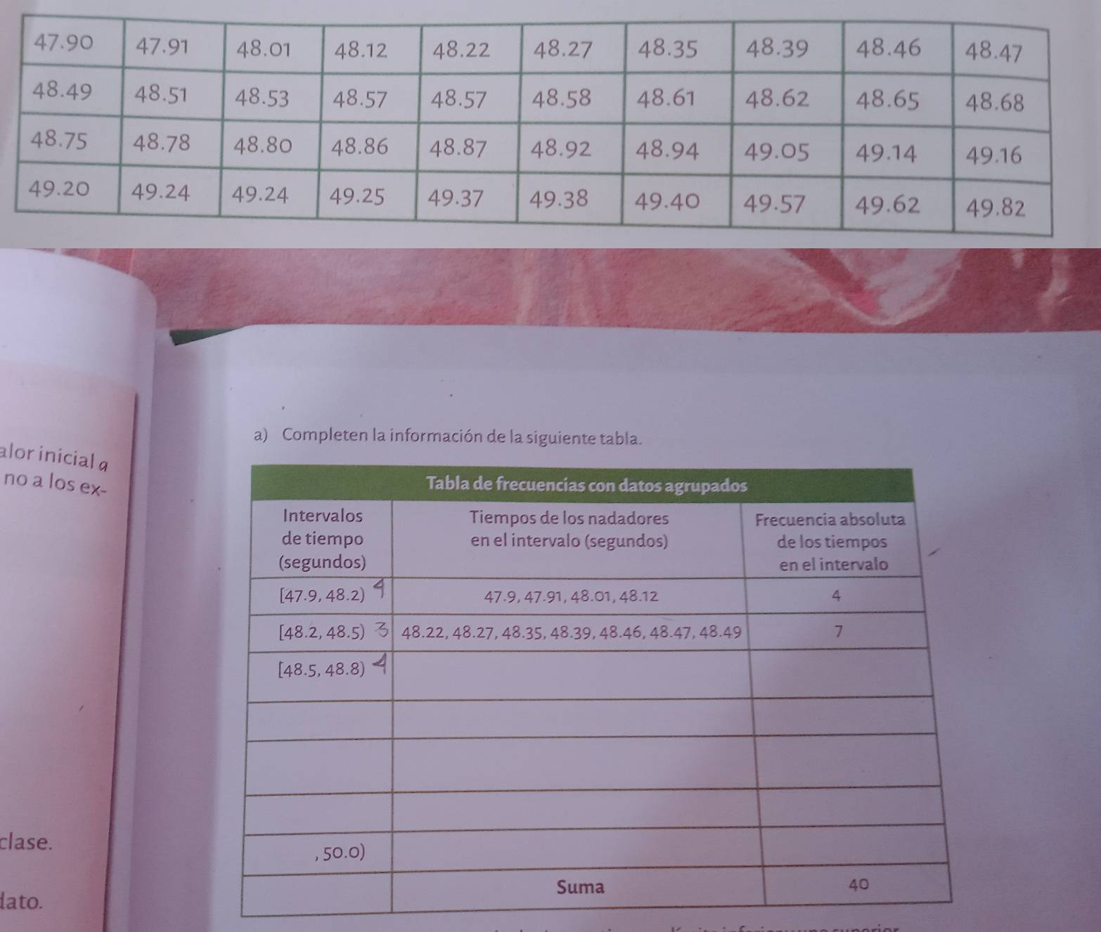 Completen la información de la siguiente tabla.
alor inicial a
no a los ex-
clase.
dato.