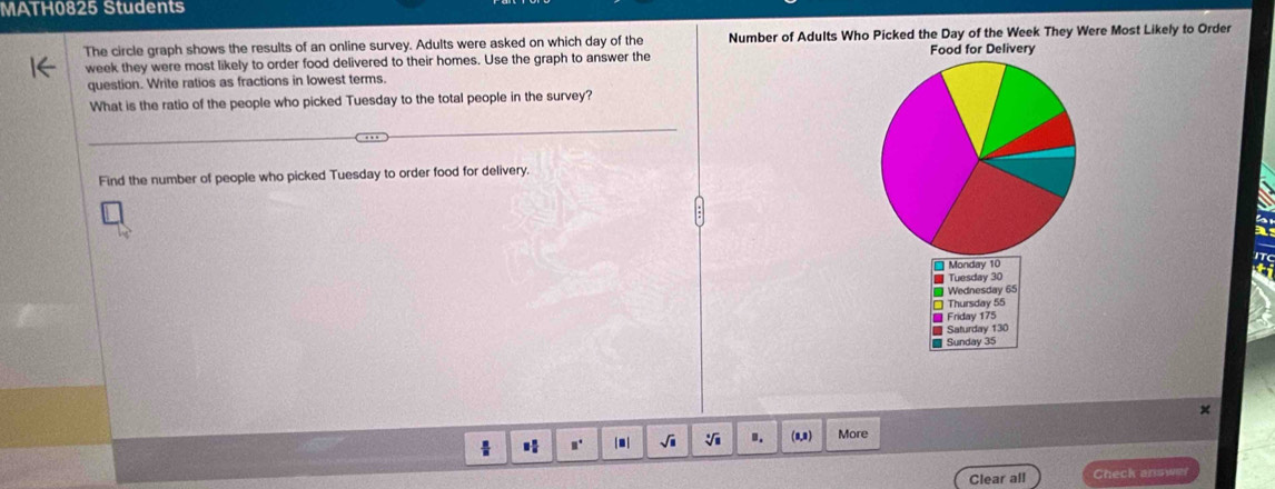 MATH0825 Students 
The circle graph shows the results of an online survey. Adults were asked on which day of the Number of Adults Who Picked the Day of the Week They Were Most Likely to Order 
Food for Delivery
week they were most likely to order food delivered to their homes. Use the graph to answer the 
question. Write ratios as fractions in lowest terms. 
What is the ratio of the people who picked Tuesday to the total people in the survey? 
Find the number of people who picked Tuesday to order food for delivery. 
* Monday 10
Tuesday 30
Wednesday 65
Thursday 55
Friday 175
Saturday 130
Sunday 35
n. √i .. (8,8) More 
Clear all Check answer