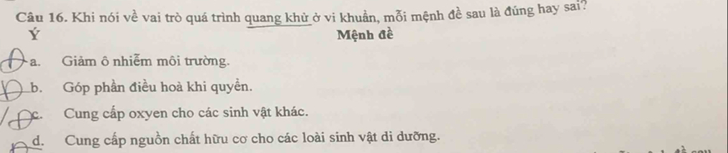 Khi nói về vai trò quá trình quang khử ở vi khuẩn, mỗi mệnh đề sau là đúng hay sai?
Ý Mệnh đề
a. Giảm ô nhiễm môi trường.
b. Góp phần điều hoà khi quyền.
C c. Cung cấp oxyen cho các sinh vật khác.
d. Cung cấp nguồn chất hữu cơ cho các loài sinh vật di dưỡng.