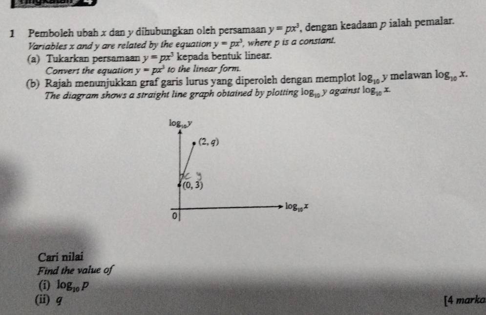 Pemboleh ubah x dan y díhubungkan oleh persamaan y=px^3 , dengan keadaan p ialah pemalar.
Variables x and y are related by the equation y=px^3 , where p is a constant.
(a) Tukarkan persamaan y=px^3 kepada bentuk linear.
Convert the equation y=px^3 to the linear form.
(b) Rajah menunjukkan graf garis lurus yang diperoleh dengan memplot log _10y melawan log _10x.
The diagram shows a straight line graph obtained by plotting log _10 yagainst log _10x.
Cari nilai
Find the value of
(i) log _10P
(ii) g [4 marka