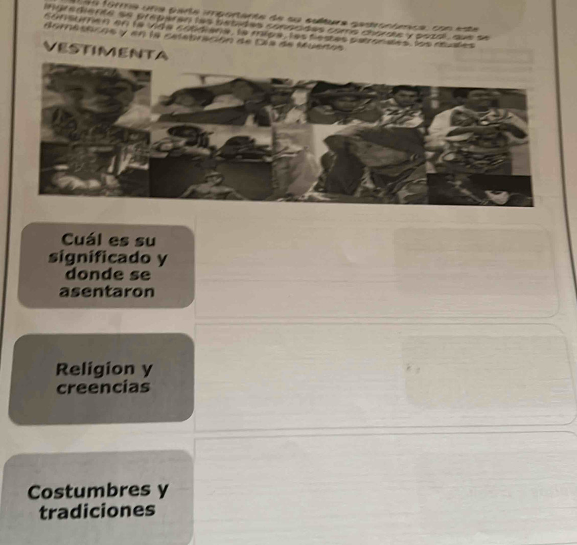 a forma una para imponanta de su cultera gamrontenca con ese 
inirediente se preberen las bebides conncdes como chardle y osza , que se 
contumen en la Vida cobdrana, la míga, las festas pstrondes, los rudes 
domestcos y en la cetebración de Día de Mueros 
ESTIMENTA 
Cuál es su 
significado y 
donde se 
asentaron 
Religion y 
creencias 
Costumbres y 
tradiciones