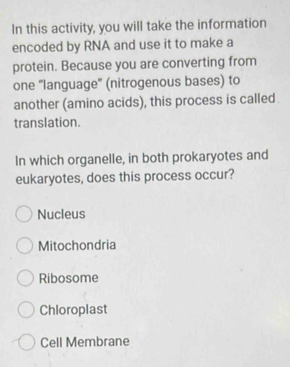 In this activity, you will take the information
encoded by RNA and use it to make a
protein. Because you are converting from
one “language” (nitrogenous bases) to
another (amino acids), this process is called
translation.
In which organelle, in both prokaryotes and
eukaryotes, does this process occur?
Nucleus
Mitochondria
Ribosome
Chloroplast
Cell Membrane