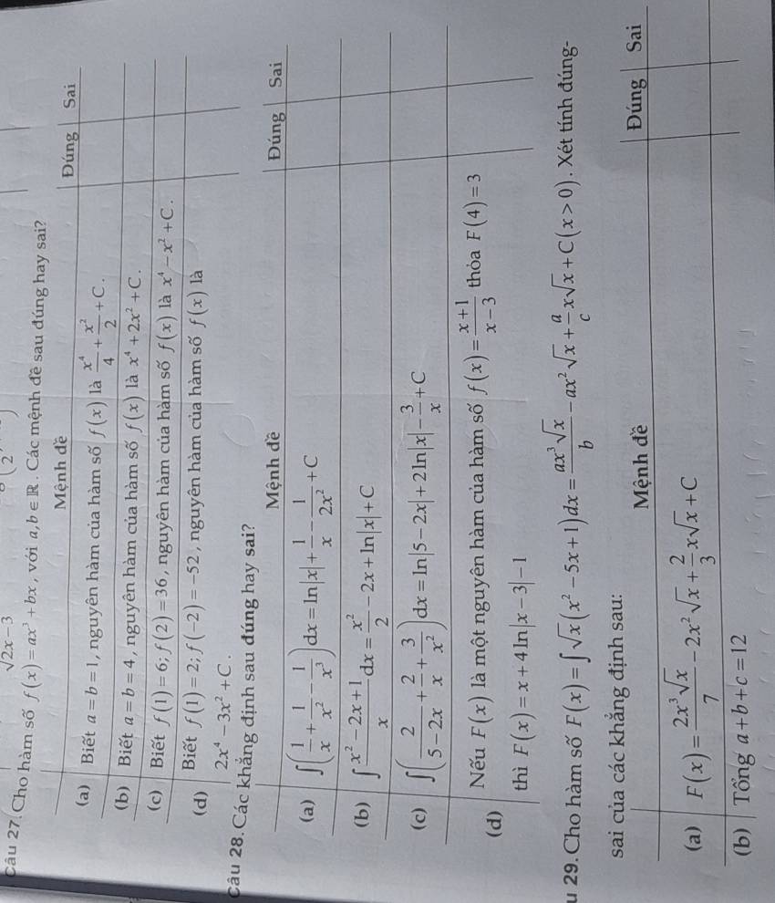 sqrt(2x)-3
(2
Câu 27. Cho hàm số f(x)=ax^3+bx , với a,b∈ R Các mệnh đề sau
Chẳn
u 29. Cho hàm số F(x)=∈t sqrt(x)(x^2-5x+1)dx= ax^3sqrt(x)/b -ax^2sqrt(x)+ a/c xsqrt(x)+C(x>0). Xét tính đúng-