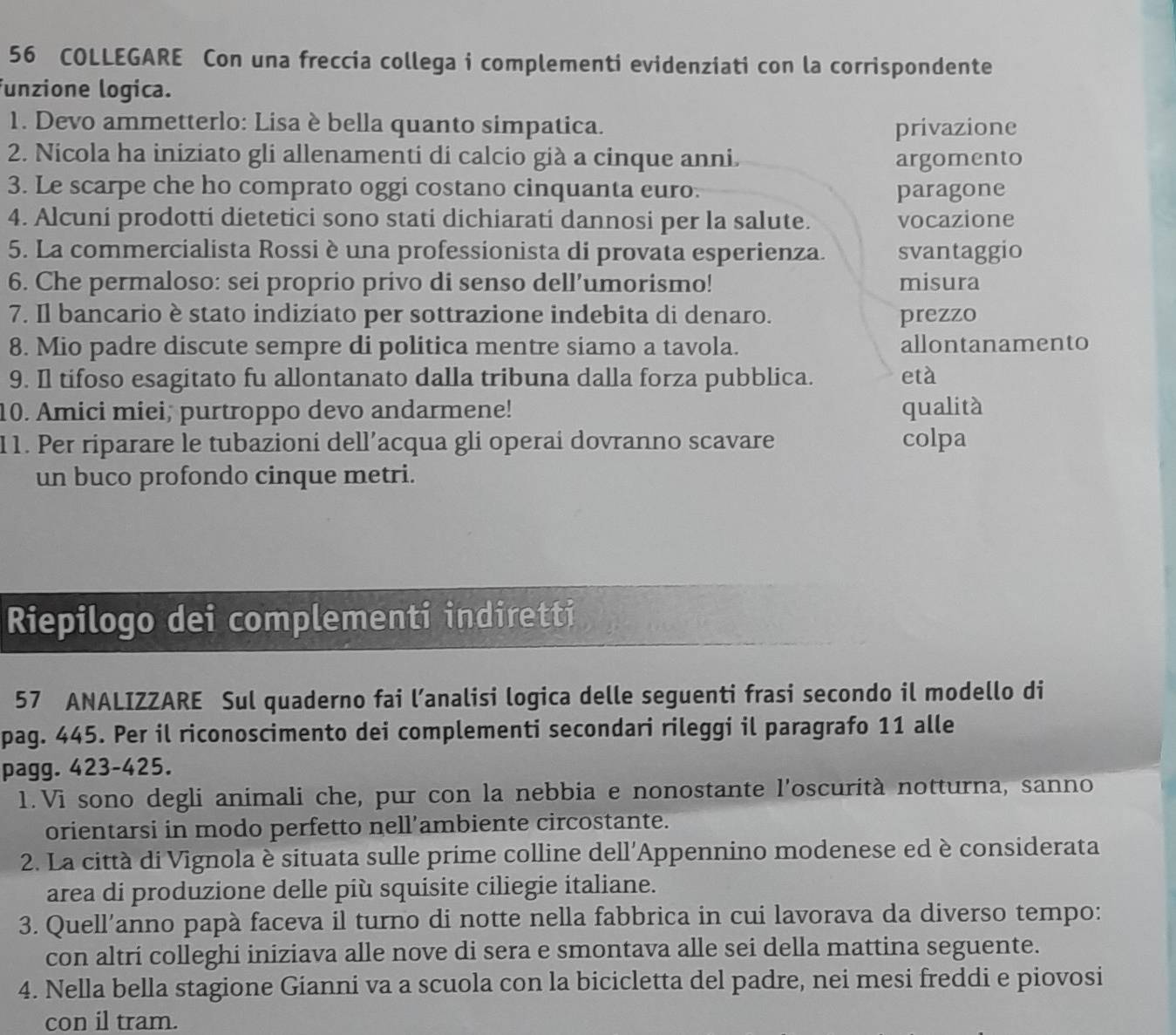 COLLEGARE Con una freccia collega i complementi evidenziati con la corrispondente
funzione logica.
1. Devo ammetterlo: Lisa è bella quanto simpatica. privazione
2. Nicola ha iniziato gli allenamenti di calcio già a cinque anni. argomento
3. Le scarpe che ho comprato oggi costano cinquanta euro. paragone
4. Alcuni prodotti dietetici sono stati dichiarati dannosi per la salute. vocazione
5. La commercialista Rossi è una professionista di provata esperienza. svantaggio
6. Che permaloso: sei proprio privo di senso dell’umorismo! misura
7. Il bancario è stato indiziato per sottrazione indebita di denaro. prezzo
8. Mio padre discute sempre di politica mentre siamo a tavola. allontanamento
9. Il tifoso esagitato fu allontanato dalla tribuna dalla forza pubblica. età
10. Amici miei, purtroppo devo andarmene! qualità
11. Per riparare le tubazioni dell’acqua gli operai dovranno scavare colpa
un buco profondo cinque metri.
Riepilogo dei complementi indiretti
57 ANALIZZARE Sul quaderno fai l’analisi logica delle seguenti frasi secondo il modello di
pag. 445. Per il riconoscimento dei complementi secondari rileggi il paragrafo 11 alle
pagg. 423-425.
1.Vì sono degli animali che, pur con la nebbia e nonostante l'oscurità notturna, sanno
orientarsi in modo perfetto nell’ambiente circostante.
2. La città di Vignola è situata sulle prime colline dell'Appennino modenese ed è considerata
area di produzione delle più squisite ciliegie italiane.
3. Quell’anno papà faceva il turno di notte nella fabbrica in cui lavorava da diverso tempo:
con altri colleghi iniziava alle nove di sera e smontava alle sei della mattina seguente.
4. Nella bella stagione Gianni va a scuola con la bicicletta del padre, nei mesi freddi e piovosi
con il tram.