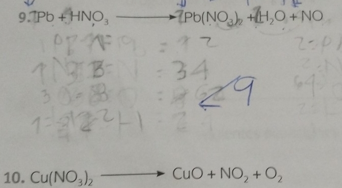 9.1Pb+HNO_3 to Pb(NO_3)_2+H_2O+NO
10. Cu(NO_3)_2to CuO+NO_2+O_2