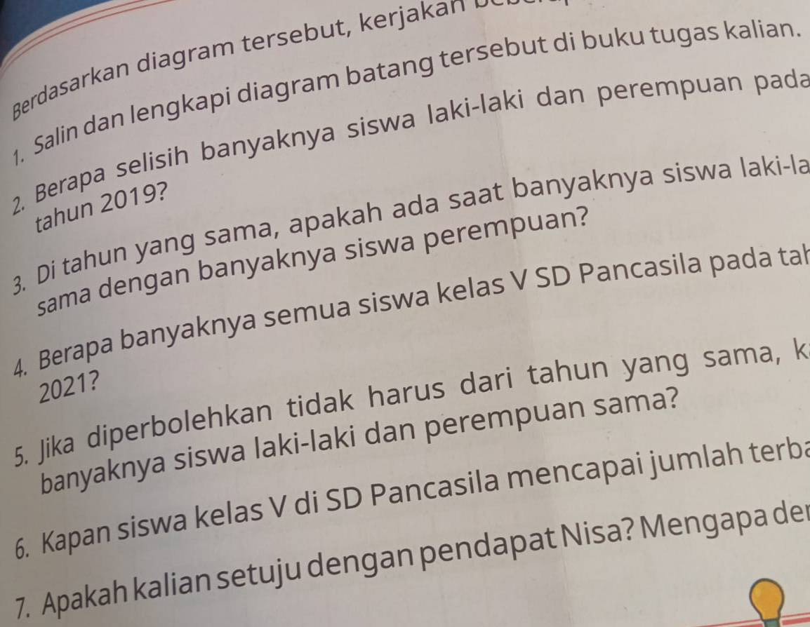 Berdasarkan diagram terseb ut, erja a b 
1. Salin dan lengkapi diagram batang tersebut di buku tugas kalian. 
2. Berapa selisih banyaknya siswa laki-laki dan perempuan pada 
tahun 2019? 
3. Di tahun yang sama, apakah ada saat banyaknya siswa laki-la 
sama dengan banyaknya siswa perempuan? 
4. Berapa banyaknya semua siswa kelas V SD Pancasila pada ta 
2021? 
5. Jika diperbolehkan tidak harus dari tahun yang sama, k 
banyaknya siswa laki-laki dan perempuan sama? 
6. Kapan siswa kelas V di SD Pancasila mencapai jumlah terb 
7. Apakah kalian setuju dengan pendapat Nisa? Mengapa de