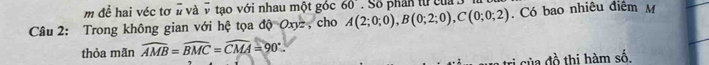 để hai véc tơ # và v tạo với nhau một góc 60°. So phân từ của 3 
Câu 2: Trong không gian với hệ tọa độ Oxyz , cho A(2;0;0), B(0;2;0), C(0;0;2). Có bao nhiêu điểm M 
thỏa mãn widehat AMB=widehat BMC=widehat CMA=90°. 
* ủ a đ ồ thi hàm số,