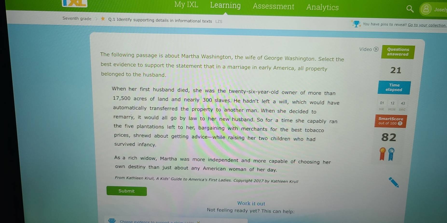 Solved: My IXL Learning Assessment Analytics Josel Seventh grade Q.1 ...
