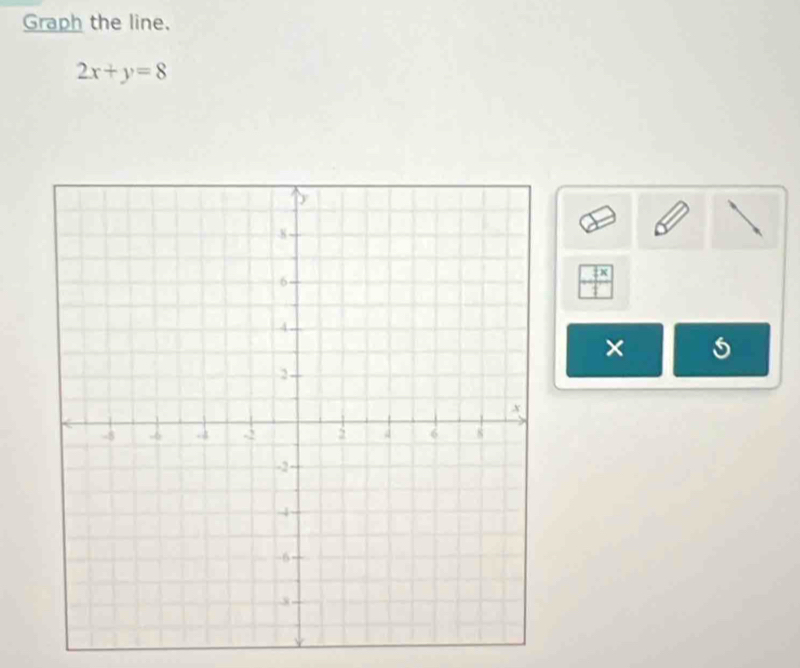 Graph the line.
2x+y=8
: x
×