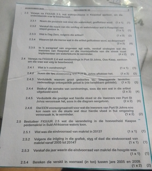 GEOGRAFIE VZ
2.3 Verwys na FIGUUR 2.3, wat waterprobleme in Kaapstad santoon, om die
onderstaande vae to beantwoord.
2.3.1 Noem die provinsie wat deur die watertekert, geaffekteer word. (1* 1) (1)
2.3.2 Verskaf die naam van die veldtog vir waterbestuur wat in Kaapstad van
stapel gestuur is. (1* 1) (1)
2.3.3 Wat is Dag Zero, volgens die artikel? (1* 2) (2)
2.3.4 Waarom lyk die mense wat in die artikel geillustreer word, so despersat?
(2* 2) (4)
2.3.5 In n paragraaf van ongeveer agt reels, verskaf strategied wat die
inwoners van Kaapstad en die munisipaliteite van die streek moet
implementeer om watertekorte to verminder. (4* 2) (8)
2.4 Verwys na FIGUUR 2.4 wat corstromings in Port St Johns, Oos-Kaap, aantoon
om die vrae wat volg te beantwoord.
2.4.1 Wat is 'n corsfroming?
(1* 1)
2.4.2 Noem die lipe corstroming wat Port St. Johns affekteer het (1* 2) (1)
(2)
2.4.3 Verduidelik waarom groot gedeeltes var laagiggende landelike
nedersettings ontoeganklik gelaat is (nie bereikbare gebiede). (1* 2) (2)
2.4.4 Beskryf die oorsake van corstromings, soos die een wat in die artikel
uitgebeeld word. (2* 2) (4)
2.4.5 Verduidelik die gevolge wat hierdie vloed vir die inwoners van Port St
Johns veroorsaak het, soos in die diagram aangetoon. (2* 2) (4)
2.4.6 Stel EEN voorsorgmaatreël voor wat die inwoners van Port St Johns sou
kon neem om die skade wat deur hierdie vloed in hul omgewing 
veroorsaak is, te verminder. (1* 2) (2)
2.5 Bestudeer FIGUUR 2.5 wat die verandering in die hoeveelheid Kaapse 
perdemakriel in Suid-Afrikaanse waters toon.
2.5.1 Wat was die eindvoorraad van makriel in 2013? (1* 1) (1)
2.5.2 Volgens die inligting in die grafiek, styg of daal die eindvoorraad van
makriel vanaf 2005 tot 2014? (1* 1) (1)
2.5.3 Verskaf die jaar waarin die eindvoorraad van makriel die hoogste was.
(1* 1) (1)
2.5.4 Bereken die verskil in voorraad (in ton) tussen jare 2005 en 2009.
(1* 2) (2)