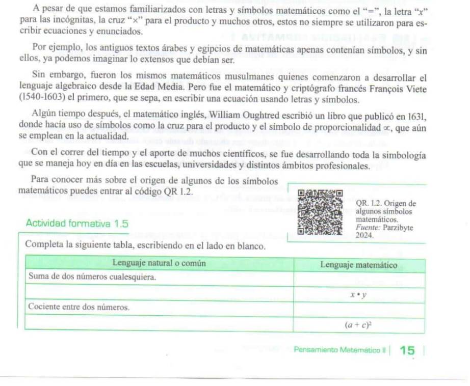 A pesar de que estamos familiarizados con letras y símbolos matemáticos como el “=”, la letra “x”
para las incógnitas, la cruz “×” para el producto y muchos otros, estos no siempre se utilizaron para es-
cribir ecuaciones y enunciados.
Por ejemplo, los antiguos textos árabes y egipcios de matemáticas apenas contenían símbolos, y sin
ellos, ya podemos imaginar lo extensos que debían ser.
Sin embargo, fueron los mismos matemáticos musulmanes quienes comenzaron a desarrollar el
lenguaje algebraico desde la Edad Media. Pero fue el matemático y criptógrafo francés François Viete
(1540-1603) el primero, que se sepa, en escribir una ecuación usando letras y símbolos.
Algún tiempo después, el matemático inglés, William Oughtred escribió un libro que publicó en 1631,
donde hacía uso de símbolos como la cruz para el producto y el símbolo de proporcionalidad ∞, que aún
se emplean en la actualidad.
Con el correr del tiempo y el aporte de muchos científicos, se fue desarrollando toda la simbología
que se maneja hoy en día en las escuelas, universidades y distintos ámbitos profesionales.
Para conocer más sobre el origen de algunos de los símbolos
matemáticos puedes entrar al código QR 1.2.
QR. 1.2. Origen de
algunos símbolos
matemáticos.
Actividad formativa 1.5 Fuente: Parzibyte
2024.
Completa la siguiente tabla, escribiendo en el lado en blanco.
Pensamiento Matemático II 15