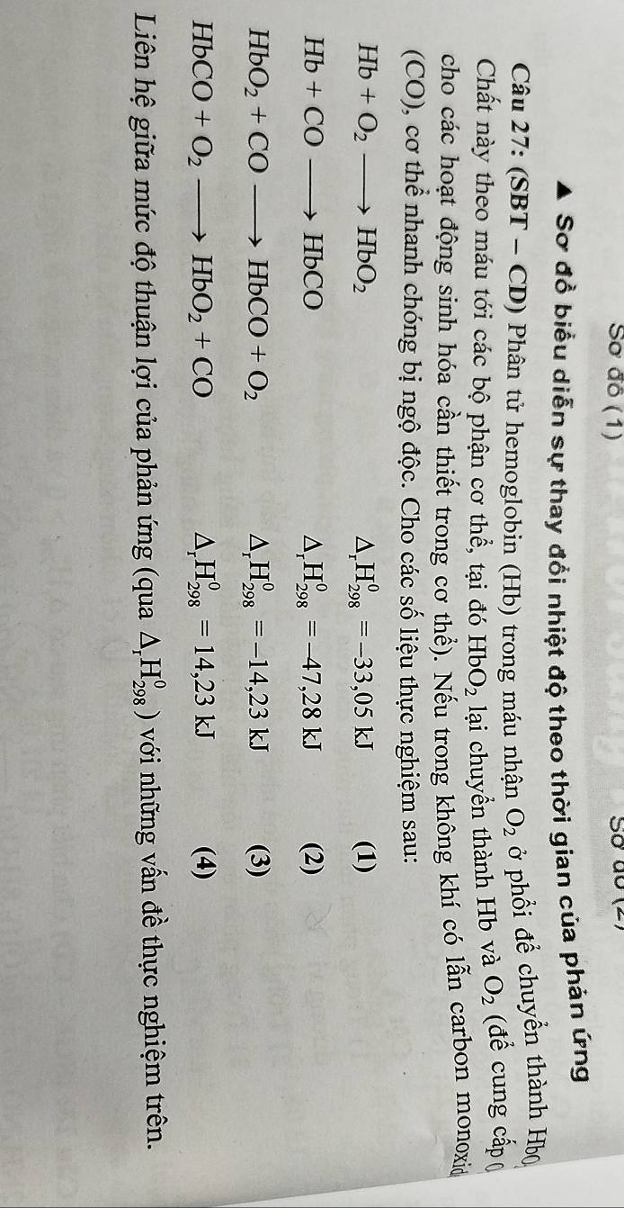 Sơ đó (1) So do (2 
Sơ đồ biểu diễn sự thay đổi nhiệt độ theo thời gian của phản ứng 
Câu 27: (SBT - CD) Phân tử hemoglobin (Hb) trong máu nhận O_2 ở phổi để chuyển thành Hb 
Chất này theo máu tới các bộ phận cơ thể, tại đó HbO_2 lại chuyền thành Hb và O_2 (đề cung cấp 
cho các hoạt động sinh hóa cần thiết trong cơ thể). Nếu trong không khí có lẫn carbon monoxid 
(CO), cơ thể nhanh chóng bị ngộ độc. Cho các số liệu thực nghiệm sau:
△ _rH_(298)^0=-33,05kJ
Hb+O_2to HbO_2 (1)
Hb+COto HbCO (2)
△ _rH_(298)^0=-47,28kJ
△ _rH_(298)^0=-14,23kJ
HbO_2+COto HbCO+O_2 (3)
△ _rH_(298)^0=14,23kJ
HbCO+O_2to HbO_2+CO (4) 
Liên hệ giữa mức độ thuận lợi của phản ứng (qua △ _rH_(298)^0) với những vấn đề thực nghiệm trên.