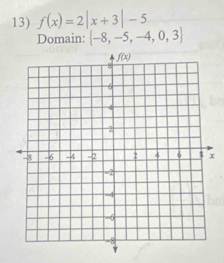 f(x)=2|x+3|-5
Domain:  -8,-5,-4,0,3