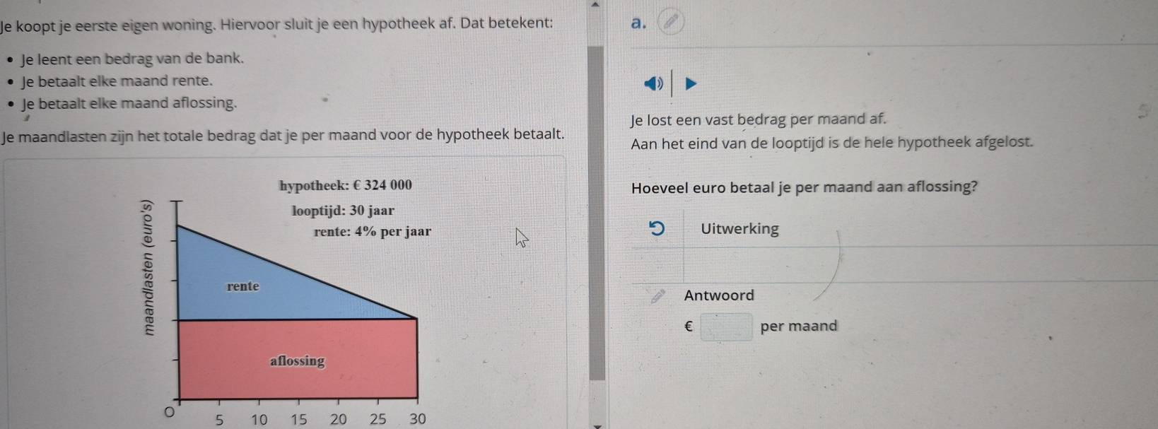 Je koopt je eerste eigen woning. Hiervoor sluit je een hypotheek af. Dat betekent: a. 
Je leent een bedrag van de bank. 
Je betaalt elke maand rente. 
Je betaalt elke maand aflossing. 
Je lost een vast bedrag per maand af. 
Je maandlasten zijn het totale bedrag dat je per maand voor de hypotheek betaalt. Aan het eind van de looptijd is de hele hypotheek afgelost. 
hypotheek: € 324 000 Hoeveel euro betaal je per maand aan aflossing? 
looptijd: 30 jaar 
rente: 4% per jaar Uitwerking 
rente 
Antwoord 
∈ □ per maand 
aflossing
0 5 10 15 20 25 30