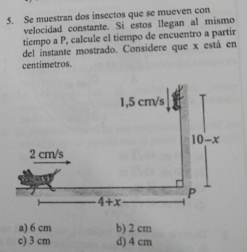 Se muestran dos insectos que se mueven con
velocidad constante. Si estos llegan al mismo
tiempo a P, calcule el tiempo de encuentro a partir
del instante mostrado. Considere que x está en
centímetros.
a) 6 cm b) 2 cm
c) 3 cm d) 4 cm