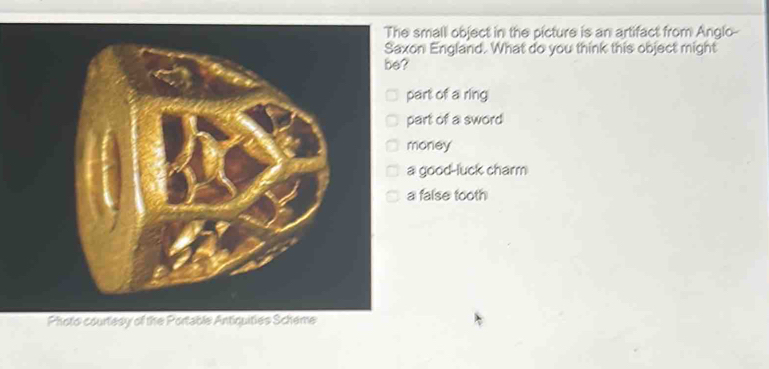 The small object in the picture is an artifact from Anglo--
Saxon England. What do you think this object might
be?
part of a ring
part of a sword
money
a good-luck charm
a false tooth
Photo courtesy of the Portable Antiquities Scheme