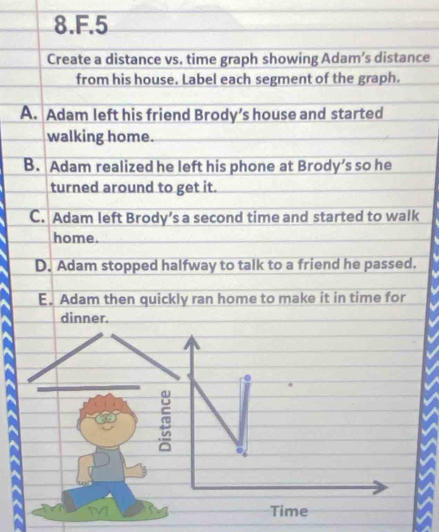 Create a distance vs. time graph showing Adam’s distance
from his house. Label each segment of the graph.
A. Adam left his friend Brody’s house and started
walking home.
B. Adam realized he left his phone at Brody’s so he
turned around to get it.
C. Adam left Brody’s a second time and started to walk
home.
D. Adam stopped halfway to talk to a friend he passed.
E. Adam then quickly ran home to make it in time for
dinner.
Time