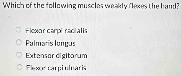 Which of the following muscles weakly flexes the hand?
Flexor carpi radialis
Palmaris longus
Extensor digitorum
Flexor carpi ulnaris