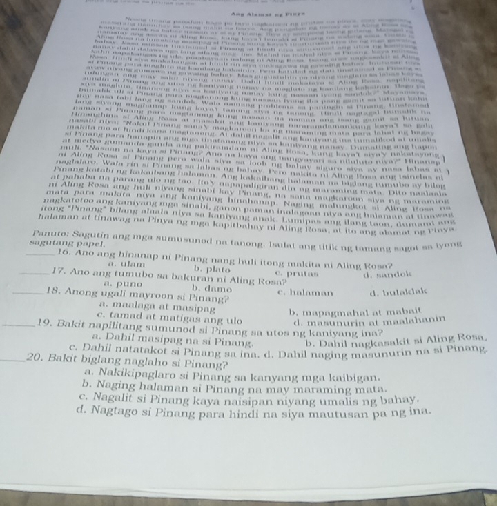 Alig Bosa nopilitana        s la t ãsk a   
rlang kaloár Be go  p
'  g nasaan iyong sodok/' Mayama y  
a p an g  ga mt sa lutuan k h .
e mumang problems =3 pomnén = Pinang, fnstamad
…  ling Jonet tamong sie me tanane'  fmlt nagtaal bumalik me
ang pars misstanong loung dassan on haman and tsang gamit sa lutusn 
* Alina Rosa at mazakii and kaniyang namrandamankoing kaya't so galr
*Naku! Pinang sanay magharon ka ng maraming mata para lahat ng bagay
at fundi kana magtanong. At dahil nagalit ang kanivang ins tumaliked at umalls
nang para hanapin ang mga tinatanong niva sa kaniyang nansy. Dumating ang hapun
medyo gumanda ganda ang paldramdam nf Aling Rosa, kung bayat sivay nakstayong y
muli. "Nasaan na kaya si Pinang? Ano na kaya ang nangyayari sa niluluto niva?" Hinanap
ni Alng Rosa si Pinang pero wala siva sa loob ng bahay siguro siva ay nasa labas at j
naglalaro. Wala rín si Pinang sa labas ng bahay. Pern nakita ni Aling Rosa ang tsinclas ni
Pinang katabing kakaibang halaman. Ang kakaibang halaman na biglang tumubo ay bilog
at pahaba na parang ulo ng tao. Ito'y napapaligiran din ng maraming mata. Dito naalaala
n Aling Rosa ang huli niyang sinabi kay Pinang, na sana magkaroon siva ng maraming
mata para makita niya ang kaniyang hinahanap. Naging malungkot si Aling Rosa na
nagkatotoo ang kaniyang mga sinabi, ganon paman inalagaan niya ang halaman at tinawa
itong "Pinang" bilang alaala niya sa kaniyang anak. Lumipas ang llang taon, dumami ank
halaman at tinawag na Pinya ng mga kapitbahay ni Aling Rosa, at ito ang alamat ng Pinya.
sagutang papel. Panuto: Sagutin ang mga sumusunod na tanong. Isulat ang titik ng tamang sagot sa iyong
_16. Ano ang hinanap ni Pinang nang huli itong makita ni Aling Rosa?
a. ulam b. plato c. prutas d. sandok
_17. Ano ang tumubo sa bakuran ni Aling Rosa?
a. puno b. damo
_18. Anong ugali mayroon si Pinang? c. halaman d. bulaklak
a. maalaga at masipag
b. mapagmahal at mabait
c. tamad at matigas ang ulo d. masunurin at maalahanin
_19. Bakit napilitang sumunod si Pinang sa utos ng kaniyang ina?
a. Dahil masipag na si Pinang. b. Dahil nagkasakit si Aling Rosa,
c. Dahil natatakot si Pinang sa ina. d. Dahil naging masunurin na si Pinang.
_20. Bakit biglang naglaho si Pinang?
a. Nakikipaglaro si Pinang sa kanyang mga kaibigan.
b. Naging halaman si Pinang na may maraming mata.
c. Nagalit si Pinang kaya naisipan niyang umalis ng bahay.
d. Nagtago si Pinang para hindi na siya mautusan pa ng ina.