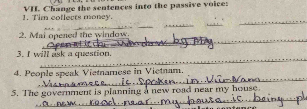 Change the sentences into the passive voice: 
1. Tim collects money. 
_ 
_ 
_ 
_ 
_ 
2. Mai opened the window. 
3. I will ask a question. 
_ 
_ 
_ 
_ 
4. People speak Vietnamese in Vietnam. 
_ 
5. The government is planning a new road near my house.