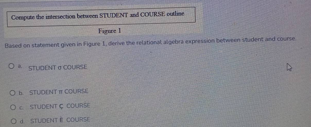 Compute the intersection between STUDENT and COURSE outline
Figure 1
Based on statement given in Figure 1, derive the relational algebra expression between student and course.
a. STUDÉNT σ COURSE
b. STUDENT π COURSE
C STUDENT Ç COURSE
d. STUDENT È COURSE