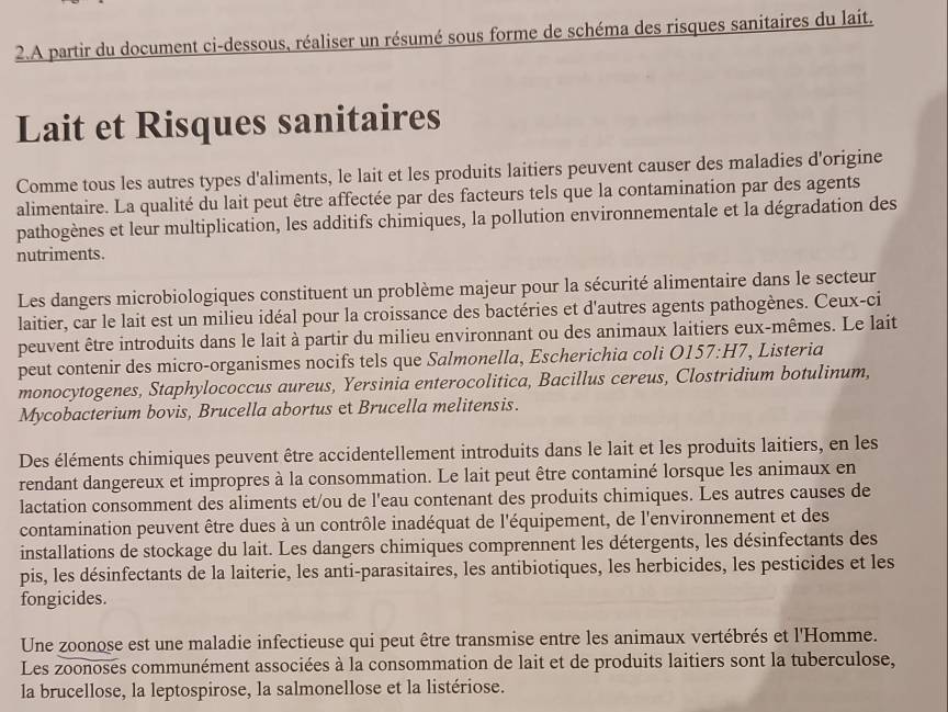 A partir du document ci-dessous, réaliser un résumé sous forme de schéma des risques sanitaires du lait.
Lait et Risques sanitaires
Comme tous les autres types d'aliments, le lait et les produits laitiers peuvent causer des maladies d'origine
alimentaire. La qualité du lait peut être affectée par des facteurs tels que la contamination par des agents
pathogènes et leur multiplication, les additifs chimiques, la pollution environnementale et la dégradation des
nutriments.
Les dangers microbiologiques constituent un problème majeur pour la sécurité alimentaire dans le secteur
laitier, car le lait est un milieu idéal pour la croissance des bactéries et d'autres agents pathogènes. Ceux-ci
peuvent être introduits dans le lait à partir du milieu environnant ou des animaux laitiers eux-mêmes. Le lait
peut contenir des micro-organismes nocifs tels que Salmonella, Escherichia coli O1. 57:H7 , Listeria
monocytogenes, Staphylococcus aureus, Yersinia enterocolitica, Bacillus cereus, Clostridium botulinum,
Mycobacterium bovis, Brucella abortus et Brucella melitensis.
Des éléments chimiques peuvent être accidentellement introduits dans le lait et les produits laitiers, en les
rendant dangereux et impropres à la consommation. Le lait peut être contaminé lorsque les animaux en
lactation consomment des aliments et/ou de l'eau contenant des produits chimiques. Les autres causes de
contamination peuvent être dues à un contrôle inadéquat de l'équipement, de l'environnement et des
installations de stockage du lait. Les dangers chimiques comprennent les détergents, les désinfectants des
pis, les désinfectants de la laiterie, les anti-parasitaires, les antibiotiques, les herbicides, les pesticides et les
fongicides.
Une zoonose est une maladie infectieuse qui peut être transmise entre les animaux vertébrés et l'Homme.
Les zoonoses communément associées à la consommation de lait et de produits laitiers sont la tuberculose,
la brucellose, la leptospirose, la salmonellose et la listériose.