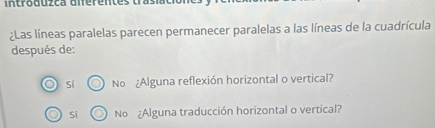 introduzca aierentes
¿Las líneas paralelas parecen permanecer paralelas a las líneas de la cuadrícula
después de:
Sí No ¿Alguna reflexión horizontal o vertical?
Sí No ¿Alguna traducción horizontal o vertical?