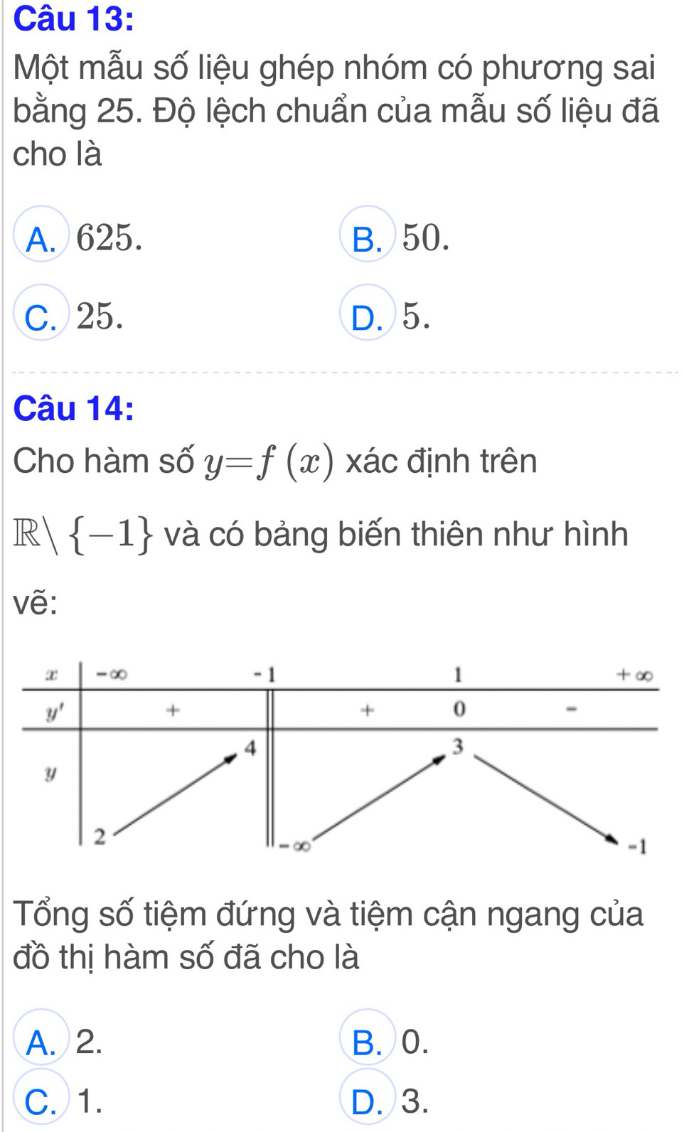 Một mẫu số liệu ghép nhóm có phương sai
bằng 25. Độ lệch chuẩn của mẫu số liệu đã
cho là
A. 625. B. 50.
C. 25. D. 5.
Câu 14:
Cho hàm số y=f(x) xác định trên
R  -1 và có bảng biến thiên như hình
vẽ:
Tổng số tiệm đứng và tiệm cận ngang của
đồ thị hàm số đã cho là
A. 2. B. 0.
C. 1. D. 3.