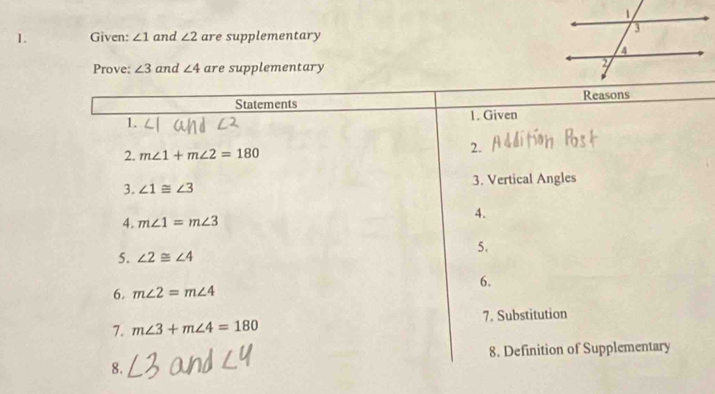 Given: ∠ 1 and ∠ 2 are supplementary 
Prove: ∠ 3 and ∠ 4 are supplementary 
Statements Reasons 
1. 
1. Given 
2. m∠ 1+m∠ 2=180
2. 
3. ∠ 1≌ ∠ 3 3. Vertical Angles 
4. m∠ 1=m∠ 3
4. 
5. ∠ 2≌ ∠ 4 5. 
6. 
6. m∠ 2=m∠ 4
7. m∠ 3+m∠ 4=180 7. Substitution 
8. Definition of Supplementary 
8.