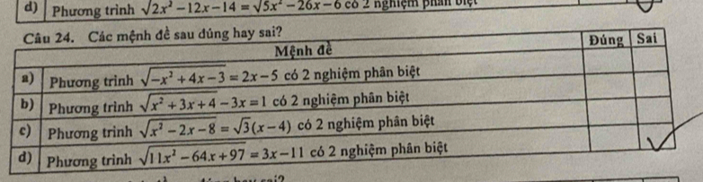 Phương trình surd 2x^2-12x-14=sqrt(5x^2-26x-6cos 2) ghiệm phân biệt