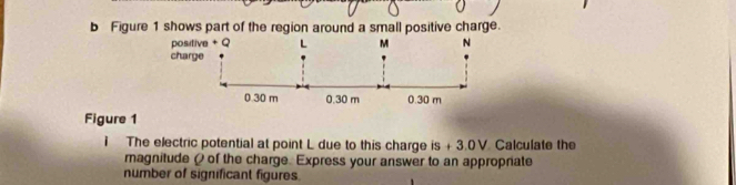 Figure 1 shows part of the region around a small positive charge. 
Figure 1 
1 The electric potential at point L due to this charge is + 3.0V. Calculate the 
magnitude ( of the charge. Express your answer to an approprate 
number of significant figures.