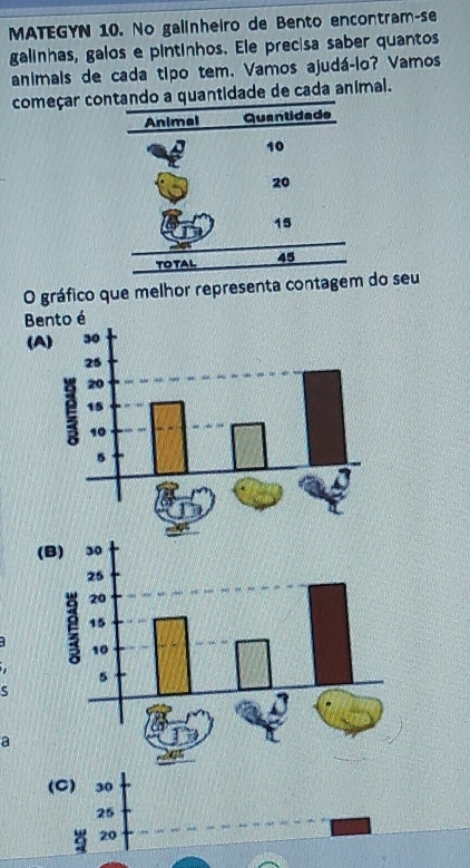 MATEGYN 10. No galinheiro de Bento encontram-se
galinhas, galos e pintinhos. Ele precisa saber quantos
animals de cada tipo tem. Vamos ajudá-lo? Vamos
começar conantidade de cada animal.
O gráfico que melhor representa contagem do seu
Be
(A
(B)
ς
a
(C) 30
25
20