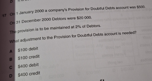 On 1 January 2000 a company's Provision for Doubtful Debts account was $500.
On 31 December 2000 Debtors were $20 000.
The provision is to be maintained at 2% of Debtors.
What adjustment to the Provision for Doubtful Debts account is needed?
A $100 debit
B $100 credit
c $400 debit
D $400 credit