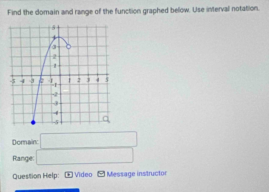 Find the domain and range of the function graphed below. Use interval notation. 
Domain: □ 
Range: □ 
Question Help: Video Message instructor